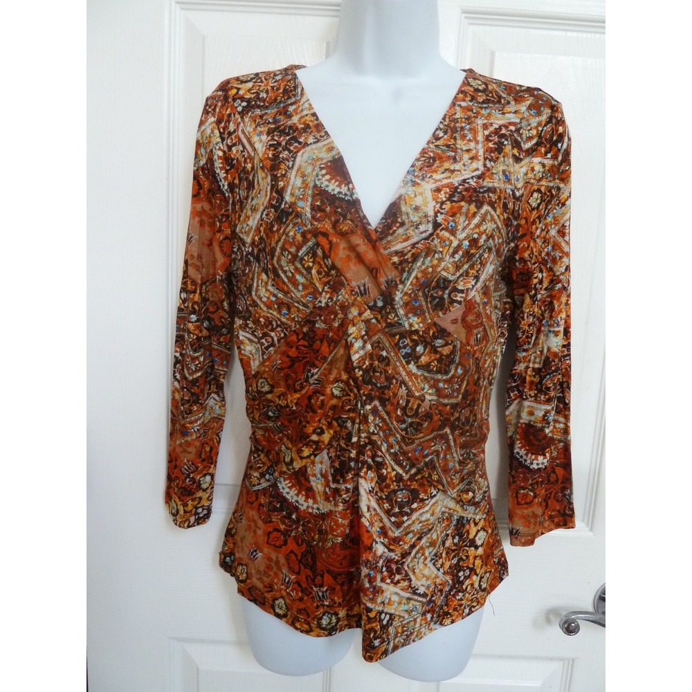 CABLE & GAUGE Sz Med. Colorful V-Neck Blouse Pullover Office Career Abstract